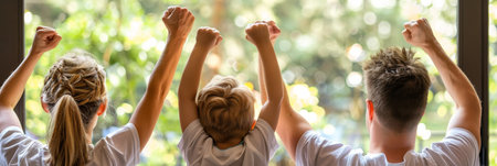 Family of three jubilant at soccer goal on living room tv, sharing passion for the gameの素材