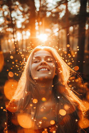 Sparkler casts warm glow on smiling face, capturing celebratory joy with radiant happinessの素材