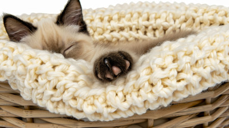 Siamese kitten s delicate paws in cream knitted blanket  textured close up in wicker basketの素材