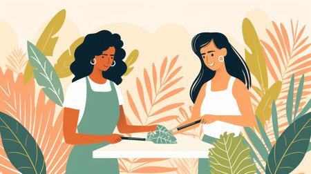 Mother and daughter chopping vegetables in vibrant setting with natural light, cooking togetherの素材