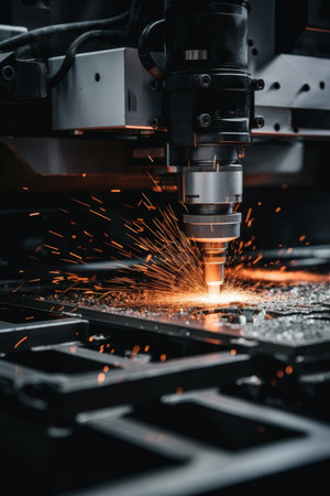 Precision cnc machine cutting metal sheet with clean edge, focus on falling metal shavingsの素材