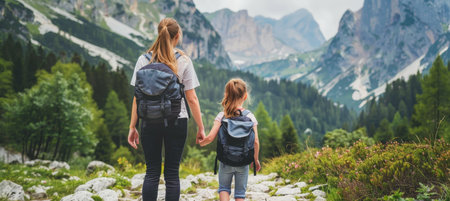 Tranquil scene of mother and daughter hiking in forest with soft sunlight filtering through treesの素材