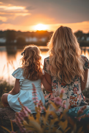 Mother and daughter silhouettes by lake, peacefully watching the sunset with a gentle, warm glowの素材