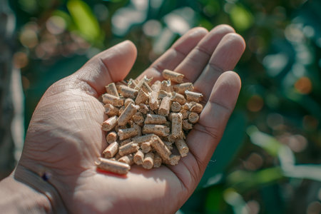 Close up of hand holding wood pellets with lush green trees in the background, detailed shotの素材