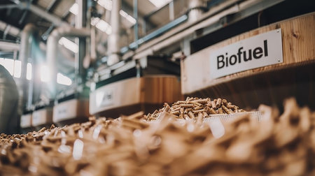 Wood pellets container labeled as biofuel for environmentally friendly energy solutionsの素材
