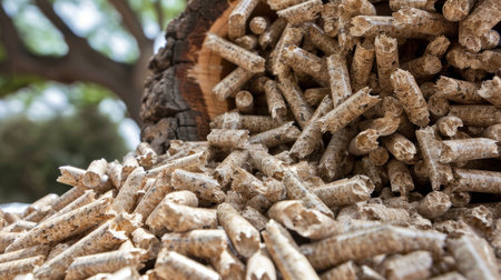 Tree trunk close up with wooden pellet in foreground representing transformation processの素材