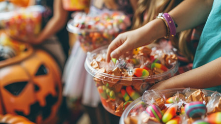 Kids in costumes await candy on festive porch, reaching with excitement for sweet treatsの素材