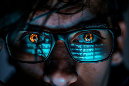 Reflection of eyeglasses on programmer s face analyzing big data on computer screenの素材