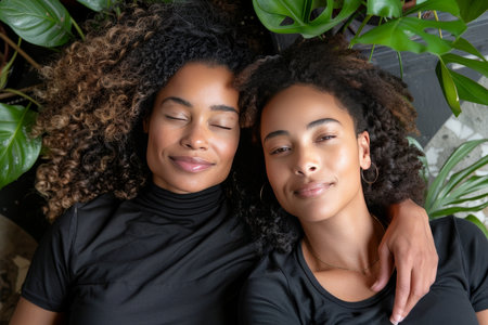 Two Young Black Women Rest. They Have Their Eyes are Closed and they Both Smiling Contentlyの素材