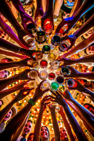 Friends celebrating birthday with colorful drinks, toasting at lively party gatheringの素材