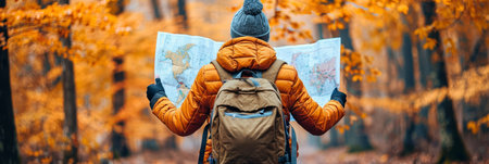 Adventurer with a substantial backpack using a map to find direction on the journeyの素材