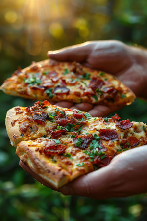 Close up of pizza held in hands, with blurred background and ample space for text placementの素材
