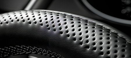 Sleek black leather steering wheel with elegant silver gear shift paddle close upの素材