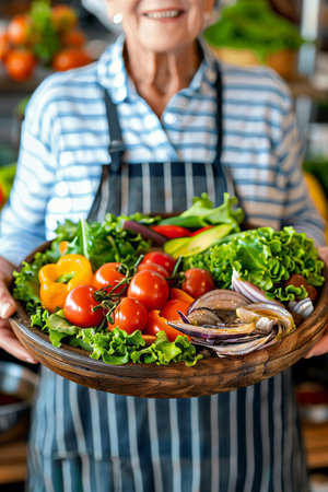 Happy elderly woman smiling while holding a nutritious vegetable salad in a cozy kitchen environmentの素材