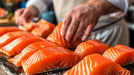 Chef expertly filleting fish on wooden cutting board for seafood dish preparationの素材