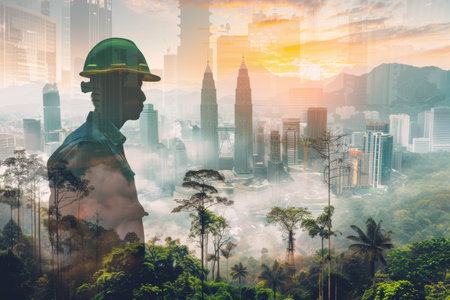 Engineer in hard hat against cityscape in captivating double exposure, creating striking imageryの素材