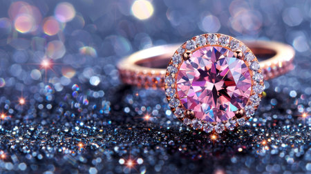 Ethereal pink diamond ring glowing with shimmering reflections on black backgroundの素材