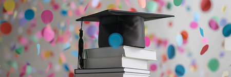 Black graduation cap on stack of white books with celebratory confetti in backgroundの素材