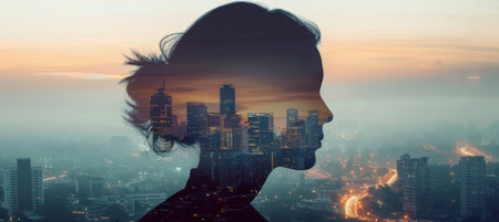 Urban engineer  dramatic double exposure of cityscape and silhouetted skyscraperの素材