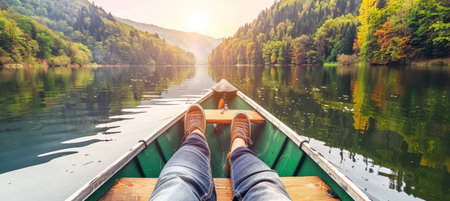 Tranquil lake scene with a person paddling in the water under the sun s reflectionの素材