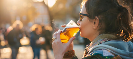 Woman enjoying a refreshing beer in a serene urban park setting, leisure and relaxation sceneの素材
