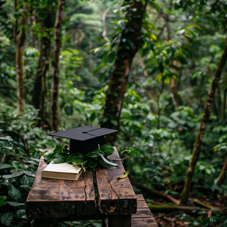 White book with black graduation cap on rustic wooden table against lush green forest backdropの素材