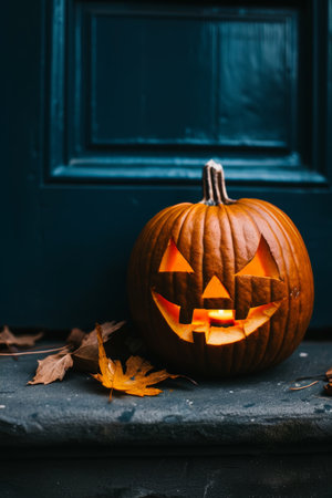 Menacing jack o lantern on porch step with flickering candle in dark, mysterious settingの素材