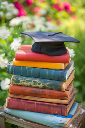 Colorful paperbacks with graduation cap on chair in a sunlit garden surrounded by blooming flowersの素材