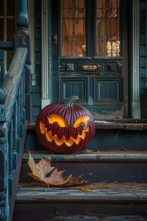 Enchanting jack o lantern on porch steps with an autumn leaf gently blowing in the breezeの素材