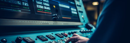 Hand operating cnc machine control panel for precise data input and advanced controlの素材