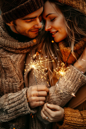 Intimate moment  hands holding sparklers reflecting warm light in eyes, creating inviting atmosphereの素材