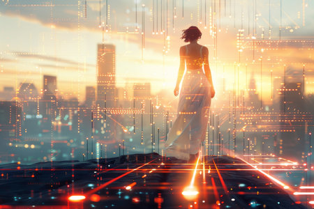 Solitary woman in white dress on mountain peak observing city grid with illuminated data streamsの素材