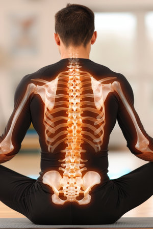 Graceful back stretch on yoga mat focusing on spine for enhanced search relevanceの素材