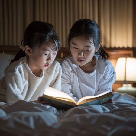 Cozy mother daughter reading in bed under soft lamp light, sharing a serene momentの素材