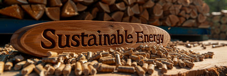 Wooden sign engraved with  sustainable energy  in pile of wood pellets for eco friendly conceptの素材