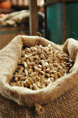 Close up of wood pellets bag with a house silhouette in the background for a picturesque sceneの素材