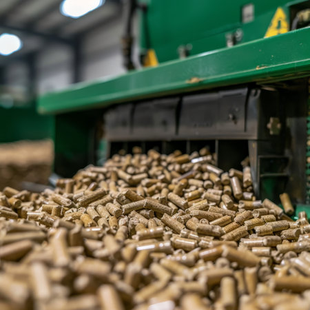 Close up of wood pellet burner in industrial setting for biomass energy productionの素材