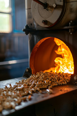 Close up of wood pellet burner in industrial setting, showcasing efficient biomass heatingの素材