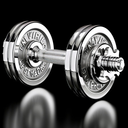 Close up of meticulously arranged dumbbell weight plates for optimal search relevanceの素材