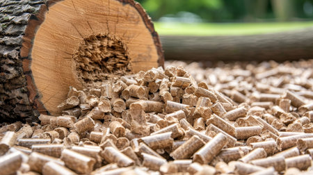 Tree trunk close up with wood pellet in foreground  symbolizing transition from tree to pelletの素材