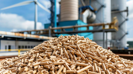 Wood pellets arranged in front of a majestic wind turbine, symbolizing renewable energyの素材