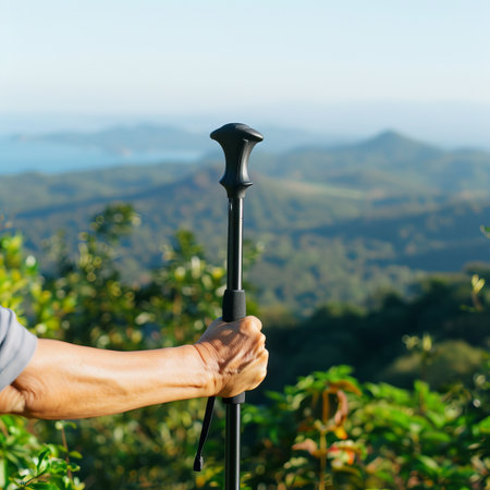 Hiker s hand holding trekking pole against majestic mountain range in the distanceの素材