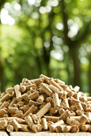 Wood pellet production impact  deforestation scene with pile of wood pellets in forestの素材