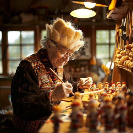 Elf painting toy soldier in festive workshop with tools and toys, minimalist settingの素材