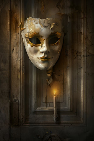 Vintage halloween mask on weathered door with flickering candle casting eerie shadowsの素材