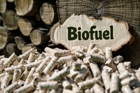 Sustainable energy source  biofuel wood pellets in labeled container for eco friendly heatingの素材