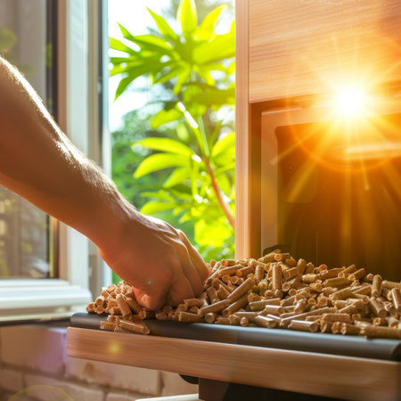 Person loading wood pellets into stove with sunlight shining through window in cozy roomの素材