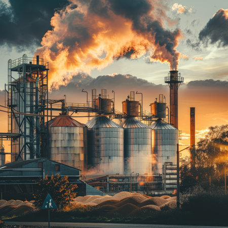 Industrial complex featuring wood pellet storage silos and a towering smokestackの素材