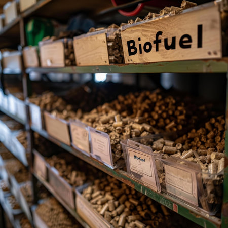 Wood pellets container showcasing prominent  biofuel  label for sustainable energyの素材