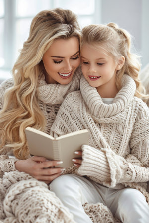 Serene moment  mother and daughter reading on cozy couch with sunlight through windowの素材